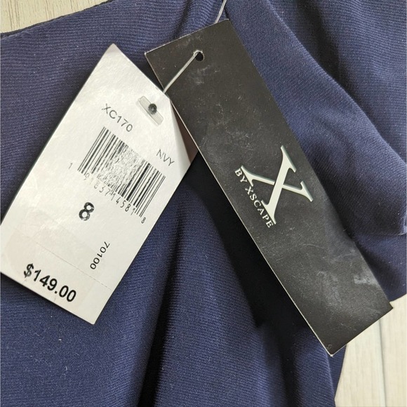 X by Xscape navy blue off shoulder maxi gathered A line formal dress gown sz 8 - Picture 11 of 14